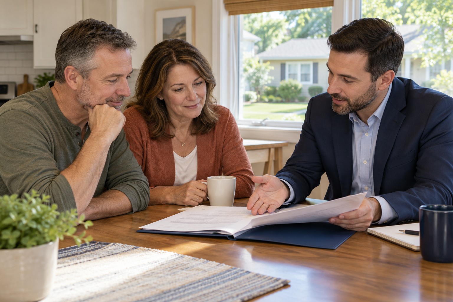 Illustrative homeowners reviewing paperwork with a helpful professional